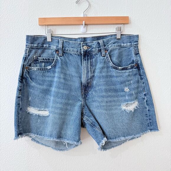 Old Navy Women's 12 Blue Distressed High Rise Slouchy Straight Cut Off Shorts - Picture 1 of 7